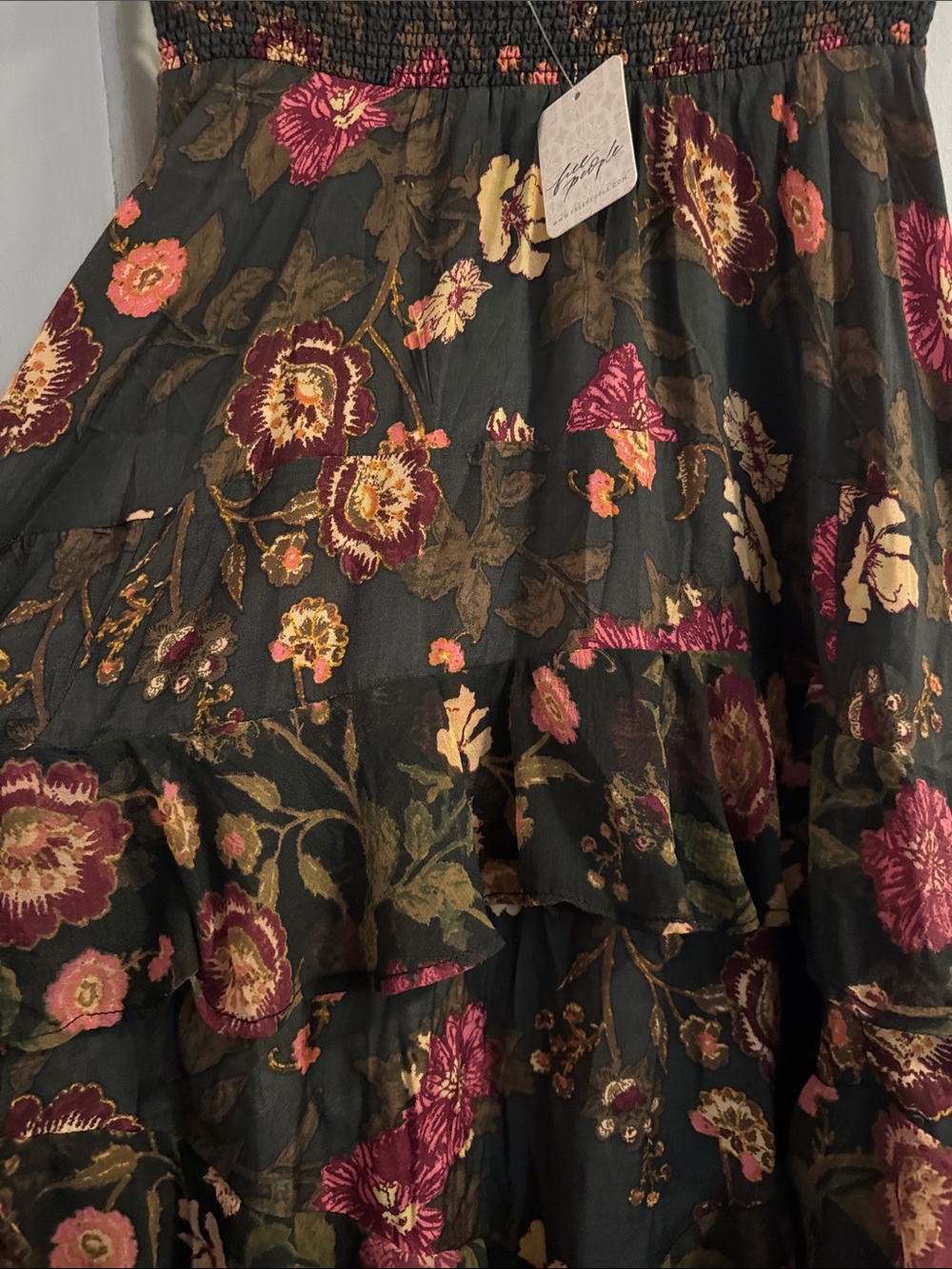 Free People Black Floral High-Low Ruffle Maxi Skirt with Pink & Green Accents - Picture 4 of 10
